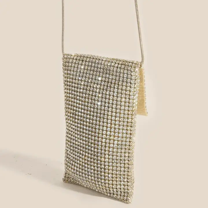 Full Rhinestone Studded Pouch Crossbody Bag -Gold
