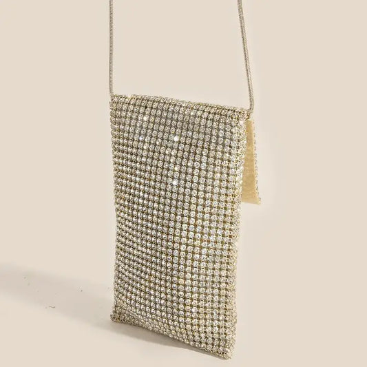 Full Rhinestone Studded Pouch Crossbody Bag -Gold