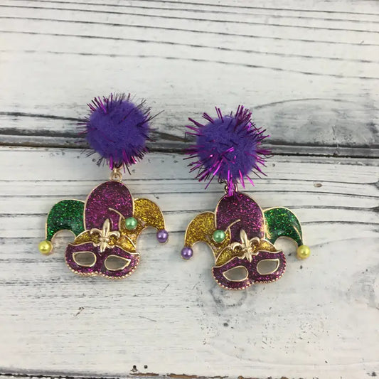 Mardi Gras Glitter Jester Pom Earrings