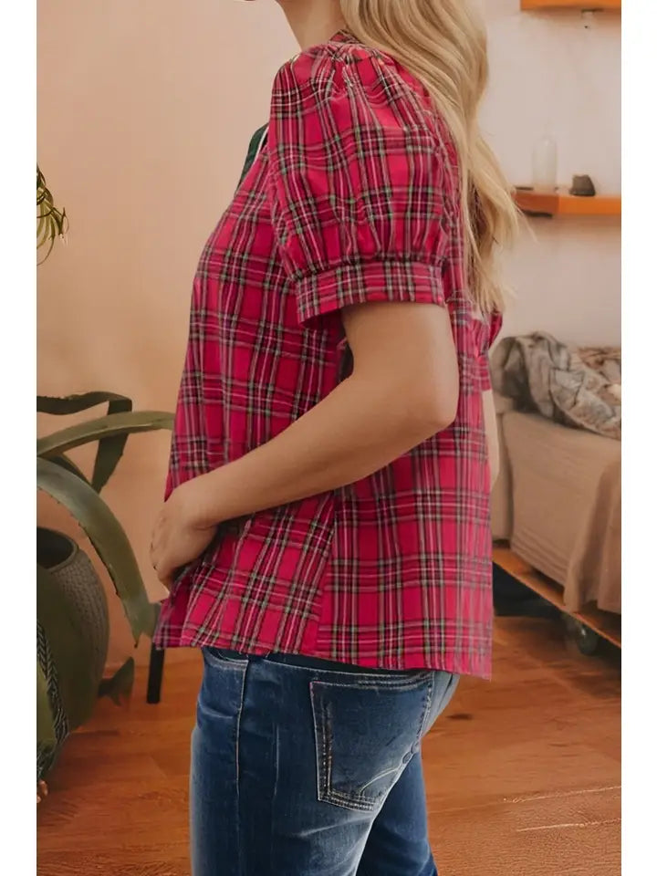 Plaid Print Contrast Trim V Neck Short Sleeve Blouse