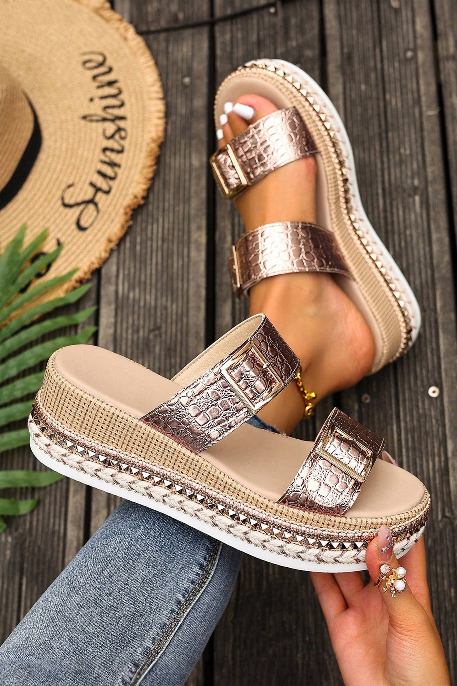 Leather Buckle Wedge Platform Slip GOLD - The Season Boutique