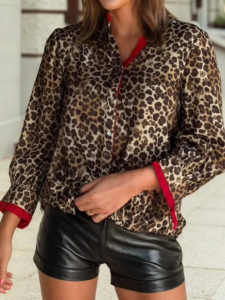 Fierce Leopard Allure Ruffle Trim V Neck Shirt