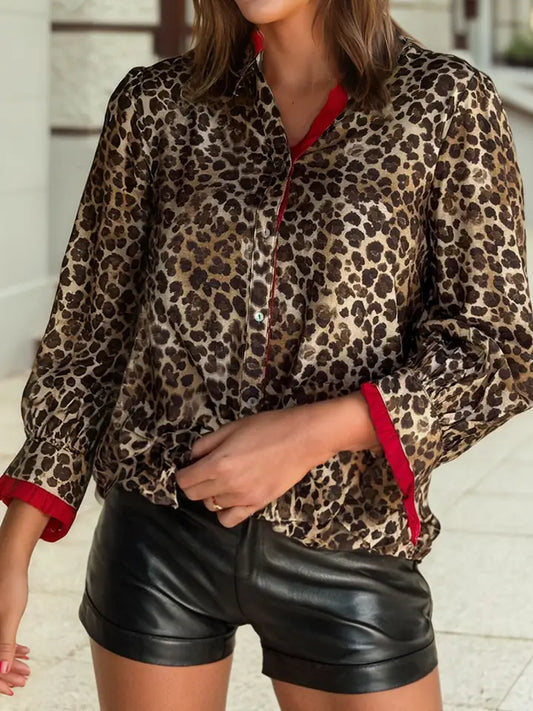 Fierce Leopard Allure Ruffle Trim V Neck Shirt