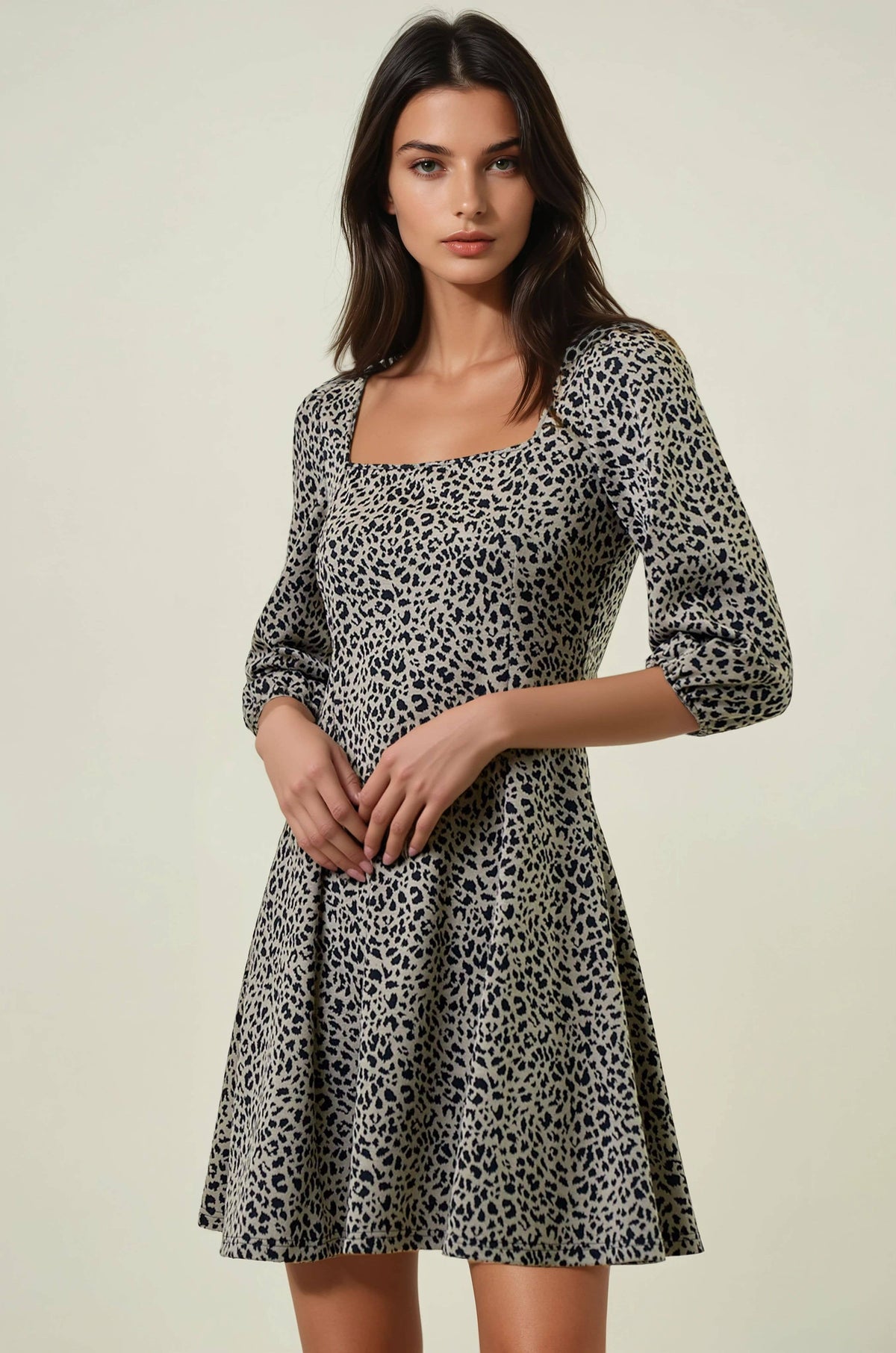ANIMAL PRINT KNIT SQUARE NECK MINI DRESS