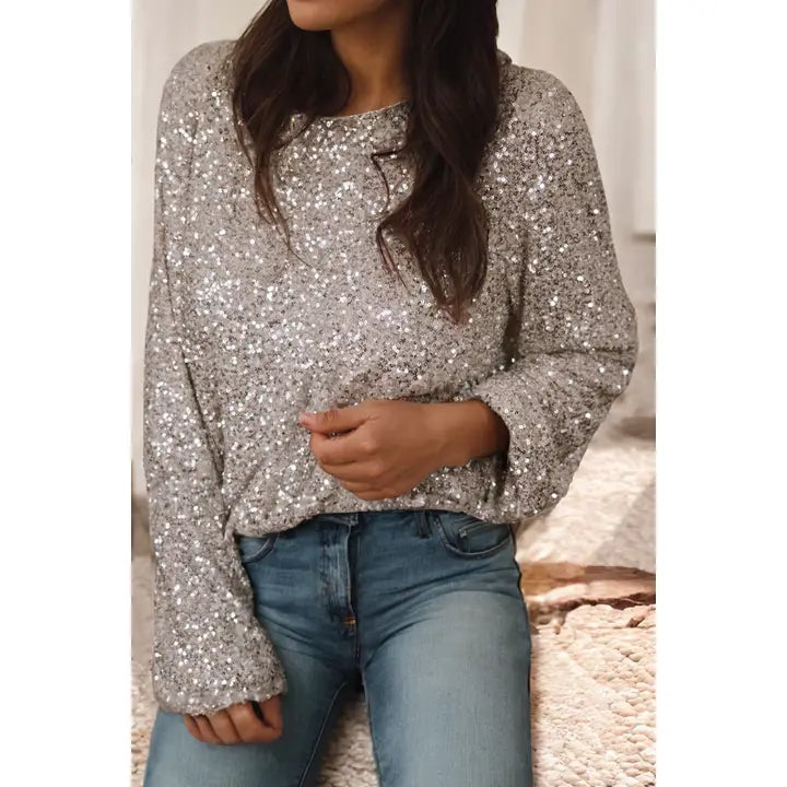 Sequin Puff Sleeve Cutout Back Blouse