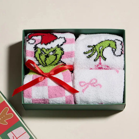 4Pairs Green Monster Grinch Christmas Bundle Gift Socks Set