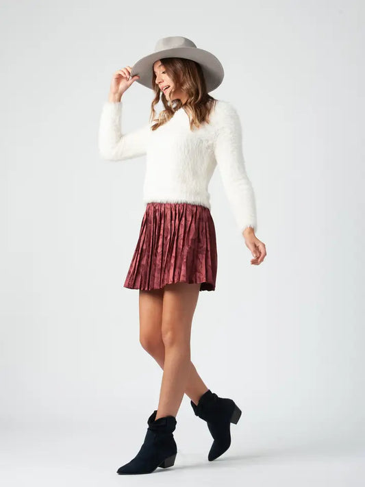 Holiday Shiny High Waist Pleated Mini Skirt-Maroon