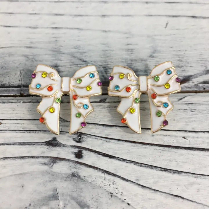 Bow w/ Xmas Lights Post Earrings white