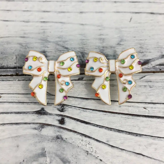 Bow w/ Xmas Lights Post Earrings white