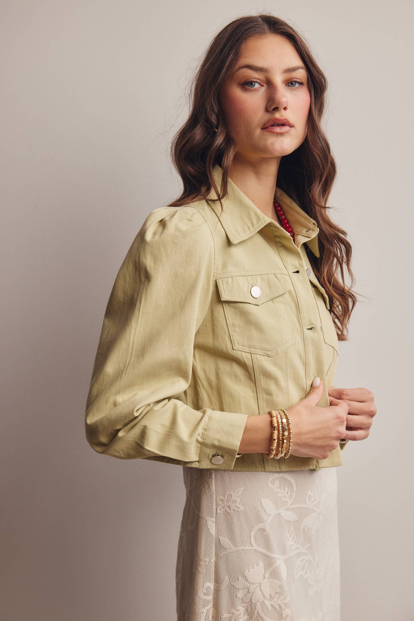 Lightweight Twill Puff-Sleeve Cropped Jacket - The Season Boutique