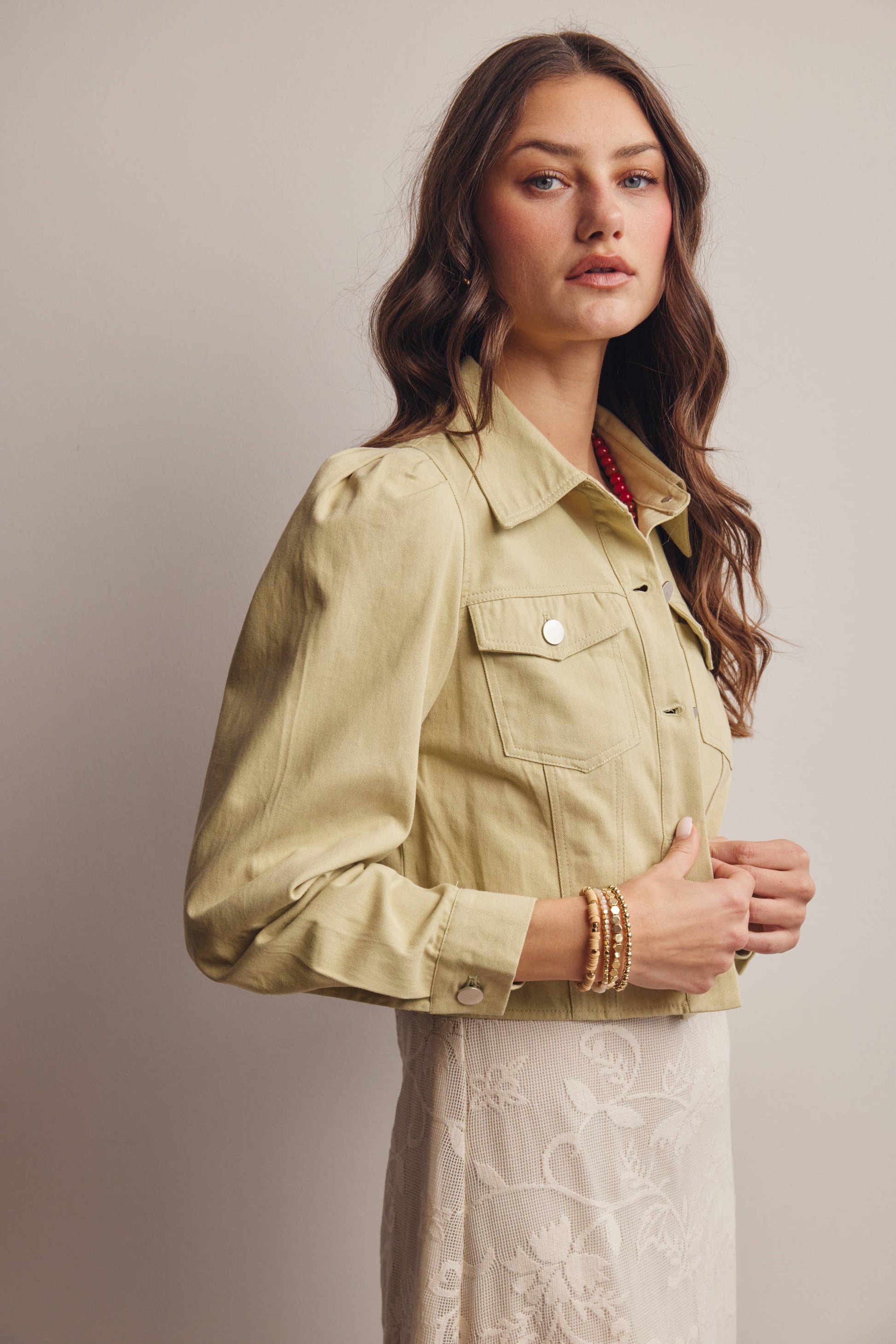 Lightweight Twill Puff-Sleeve Cropped Jacket - The Season Boutique