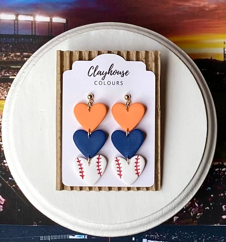 Astros Baseball Earrings : Triple Heart Dangles