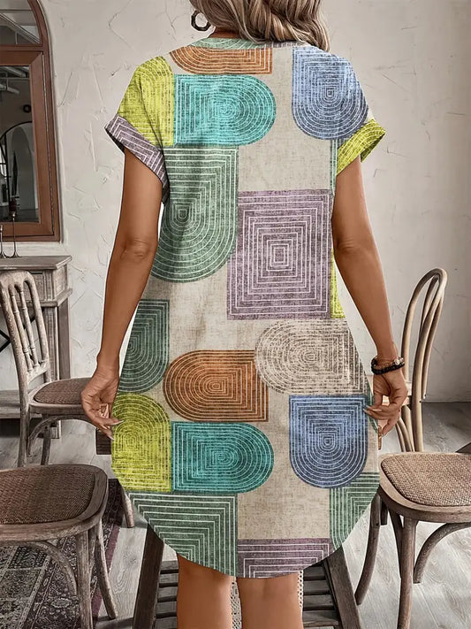 Printed V-Neck Button Up Dress