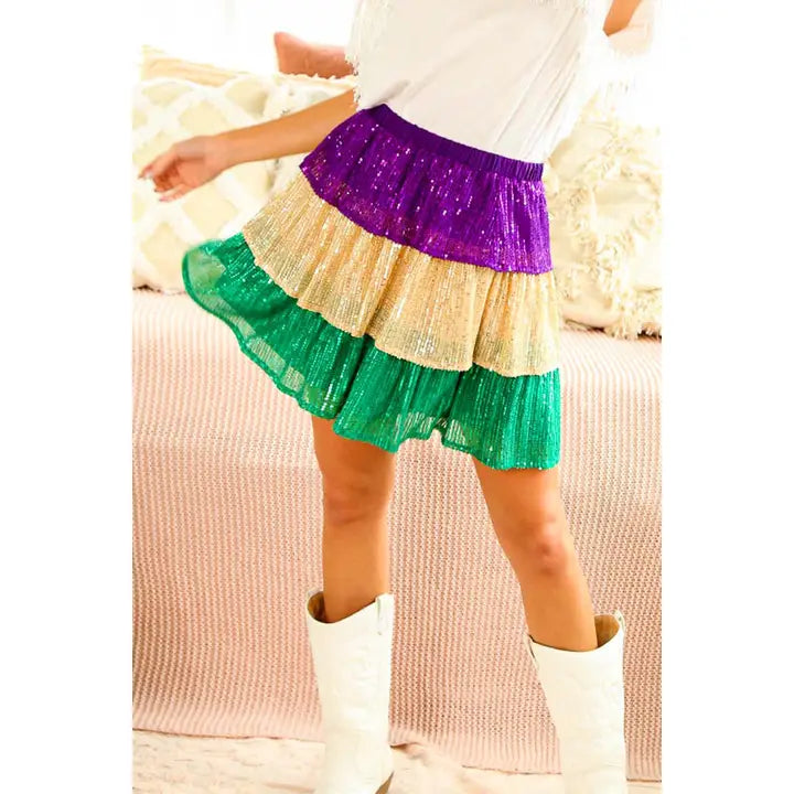 Mardi Gras Sequin Tiered Mini Skirt