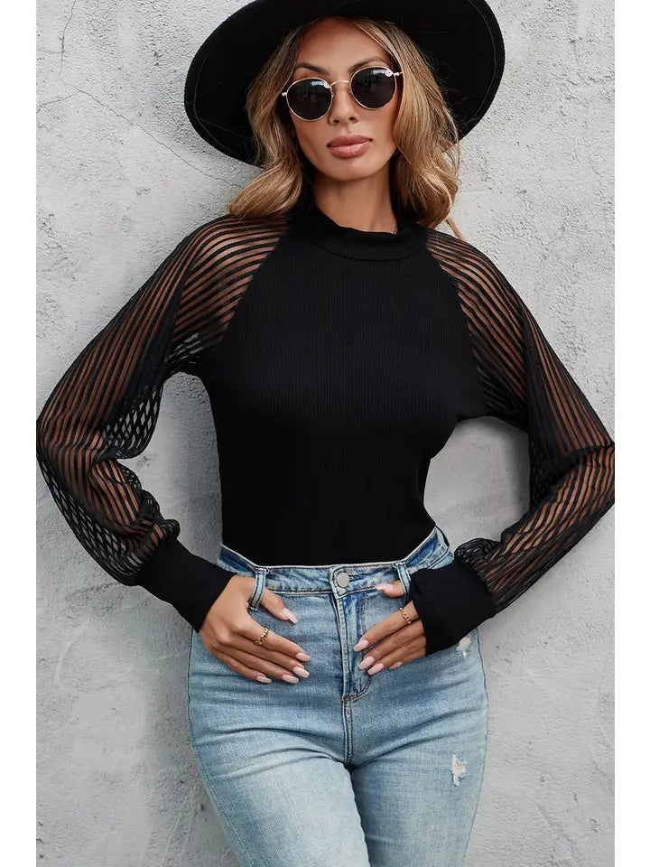 Black Striped Mesh Long Sleeve Crewneck Ribbed Top