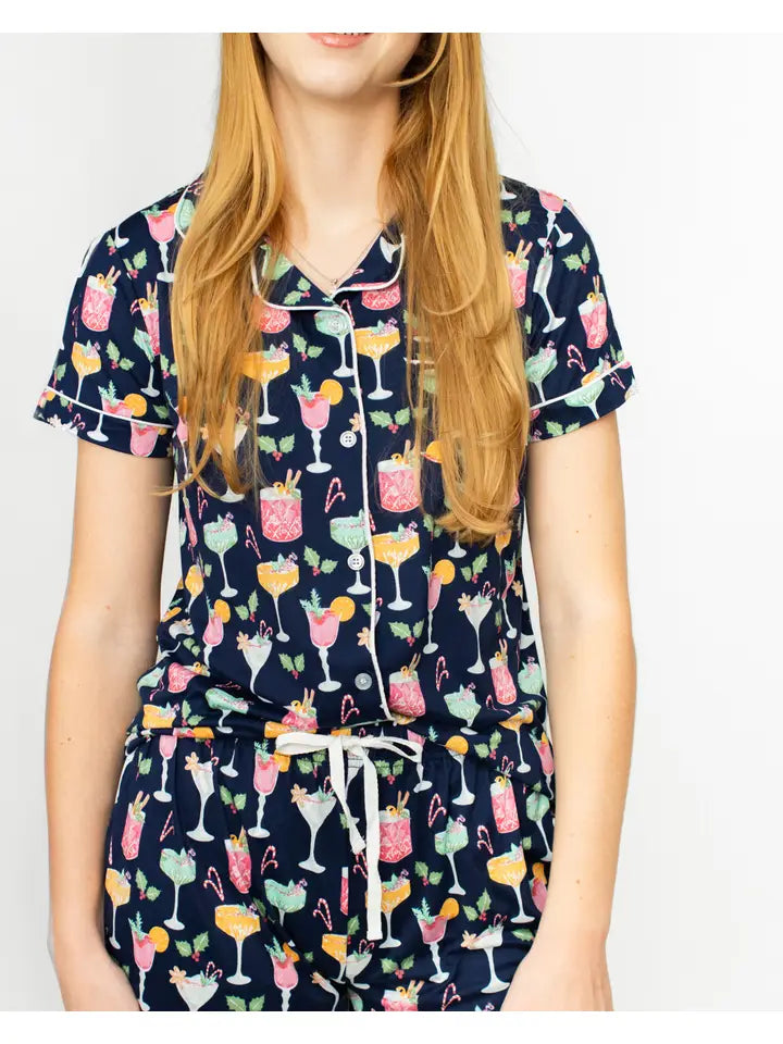 Fizz the Season Short Sleeve Button Up Sleep Shirt Royal/Multi