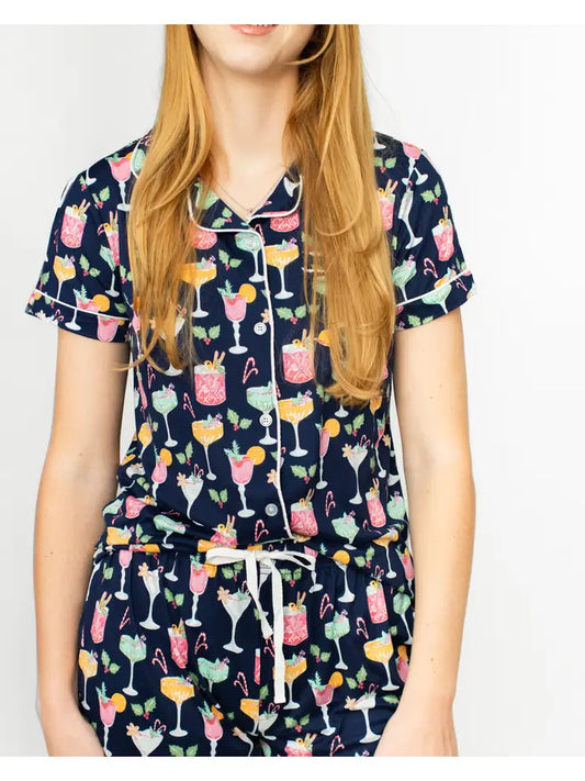 Fizz the Season Short Sleeve Button Up Sleep Shirt Royal/Multi