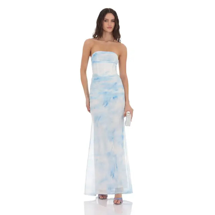 Mesh Strapless Corset Maxi Blue Tie Dye