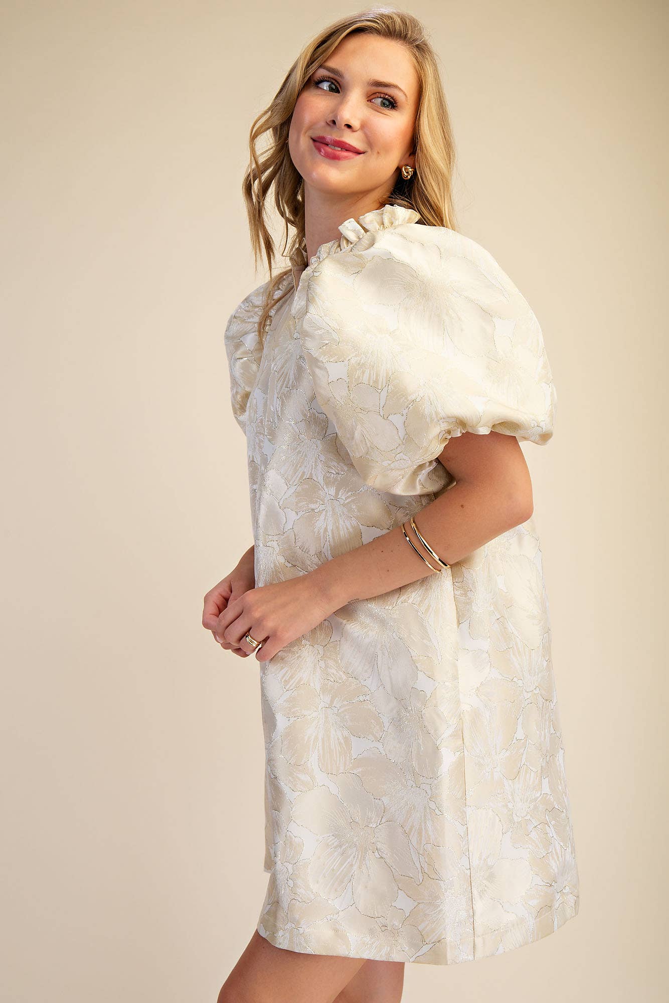 Ruffle V-Neck Puff Sleeve Mini Dress Sage