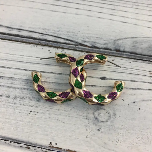 Mardi Gras Glitter Diamond Hoop Earrings