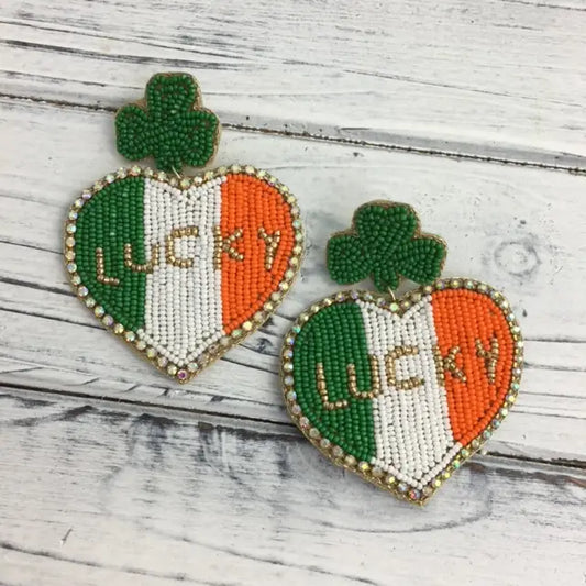 "Lucky" Irish Flag Heart Beaded Earrings