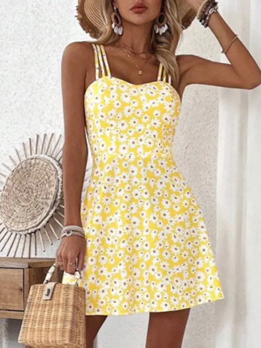 Yellow Floral Print Halter Dress