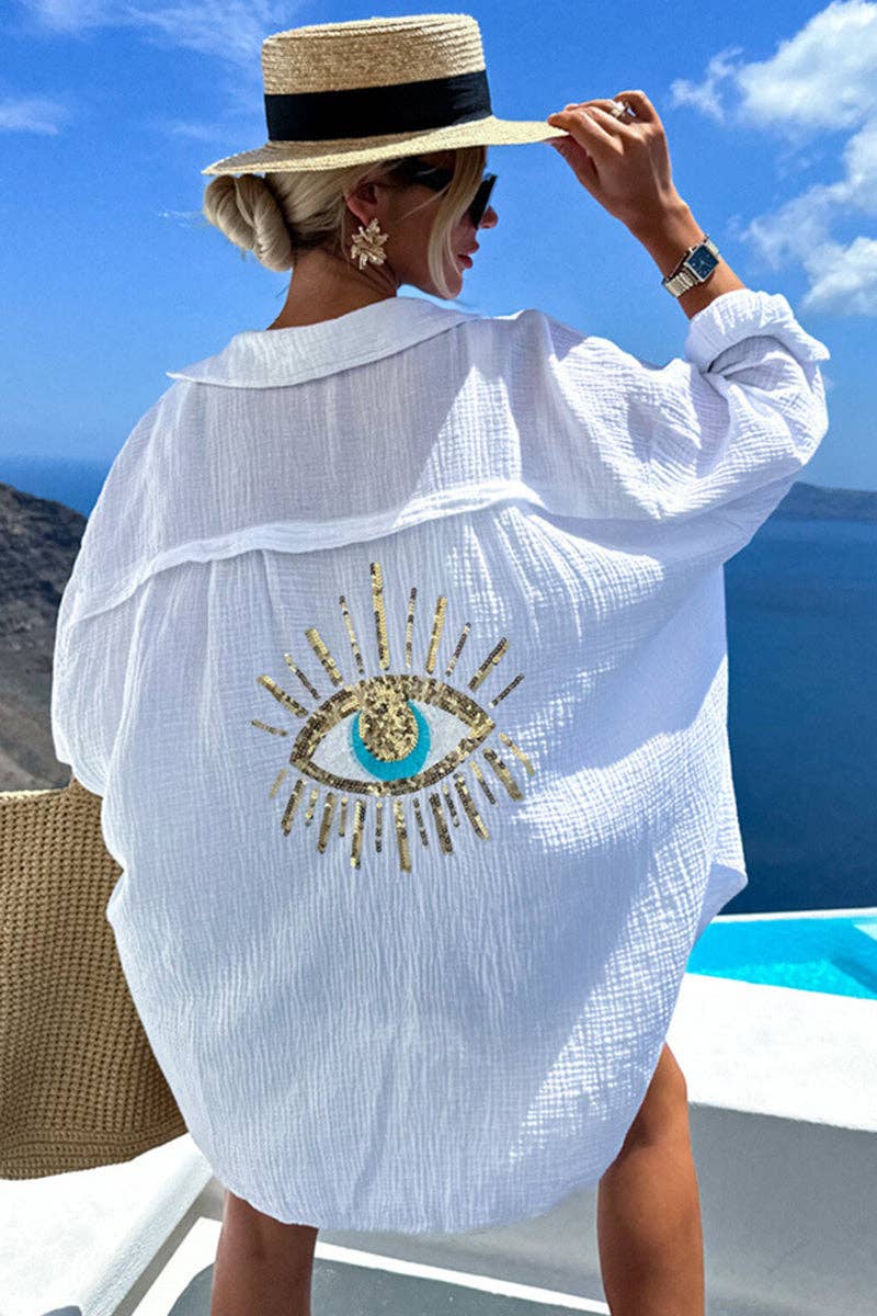 Eye Embellished Casual Blouse: WHITE