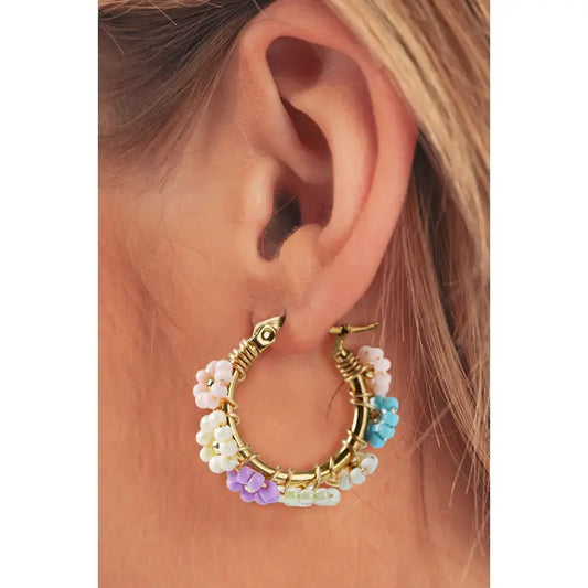 Beaded Flower Hoop Alloy Earrings
