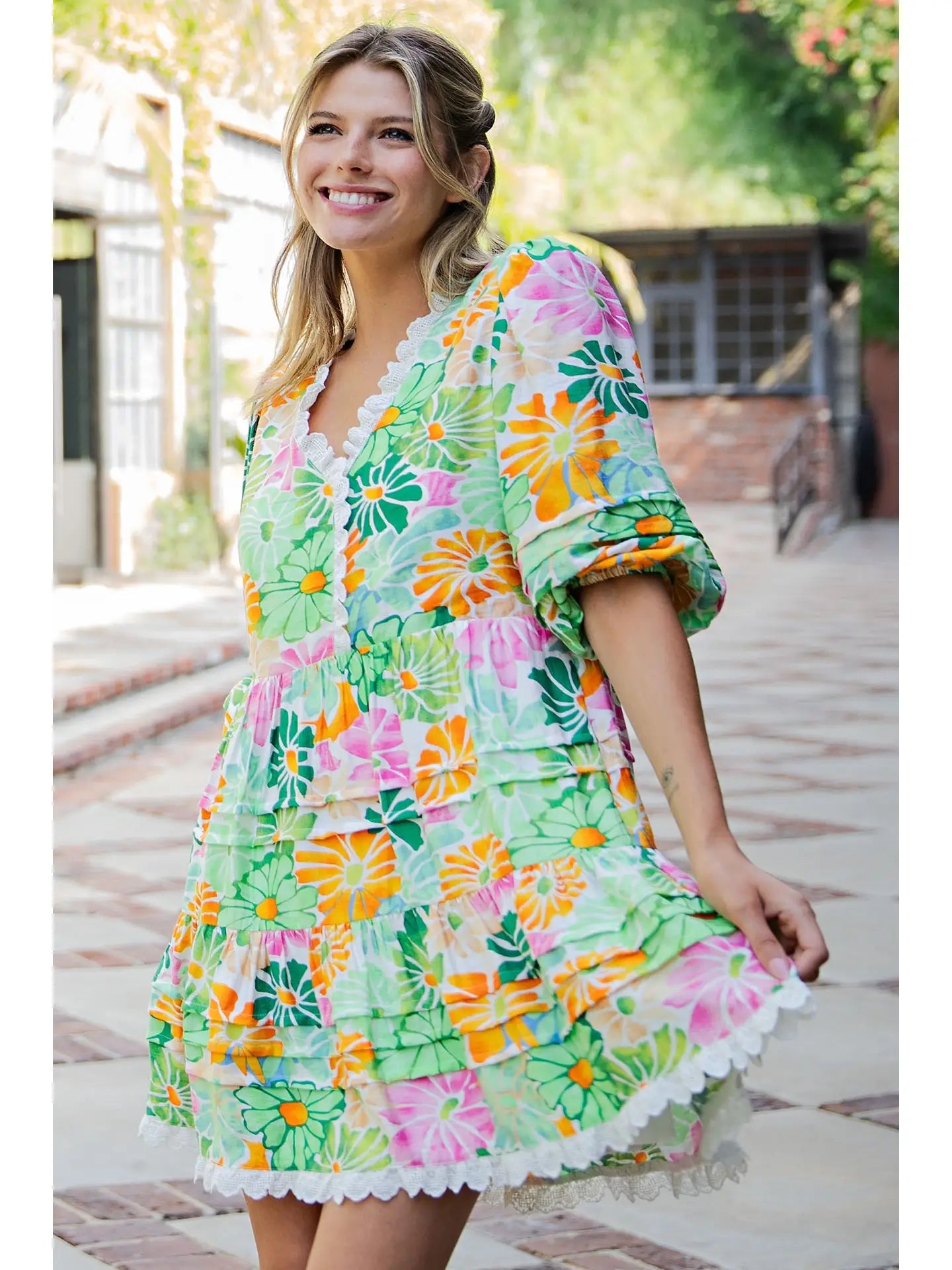 Floral Print Lace Trim Pleated Mini Dress - The Season Boutique