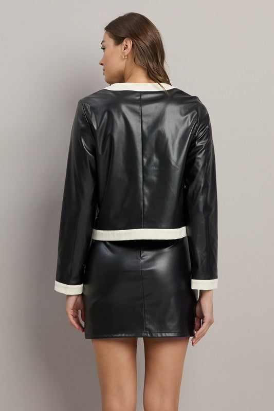 Contrast Trim Vegan Leather Jacket