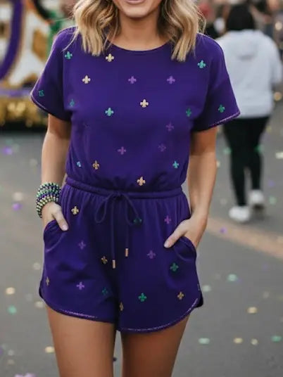 Mardi Gras Embroidered Fleur De Lis Romper