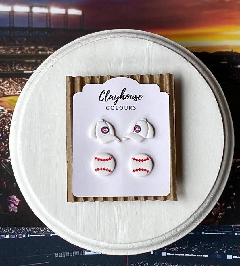 Cubs Baseball Earrings : Hat & Baseball Studs