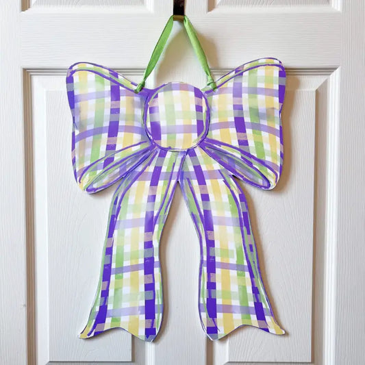 Mardi Gras Plaid Bow Door Hanger Carnival Nola Outdoor Decor