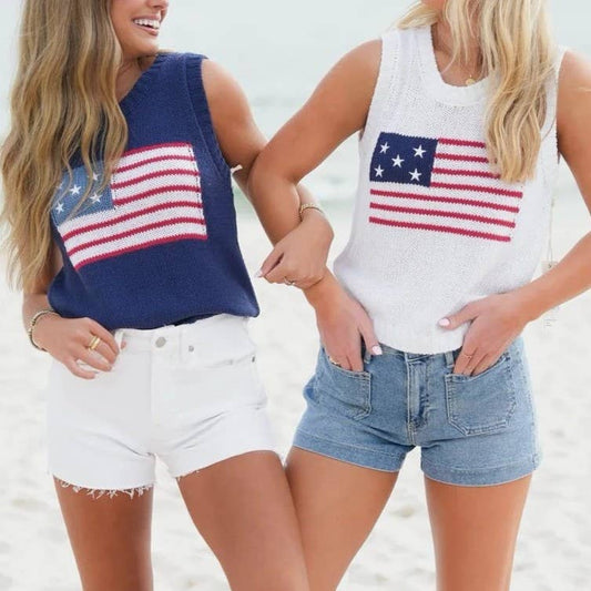 Crew Neck American Flag Knit Tank Top - The Season Boutique