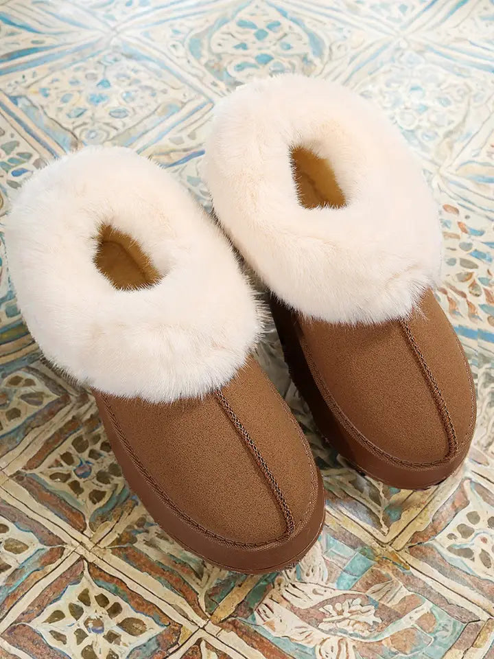 Plush Suede Trim Thick Sole Flat Snow Boots