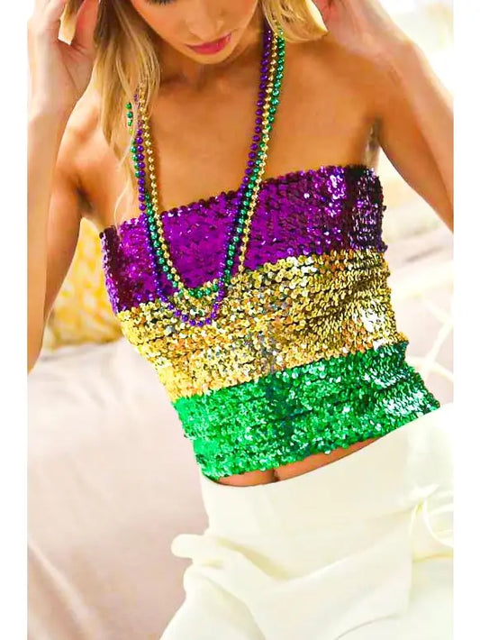 Mardi Gras Sequin Elasticized Smocked Tube Top