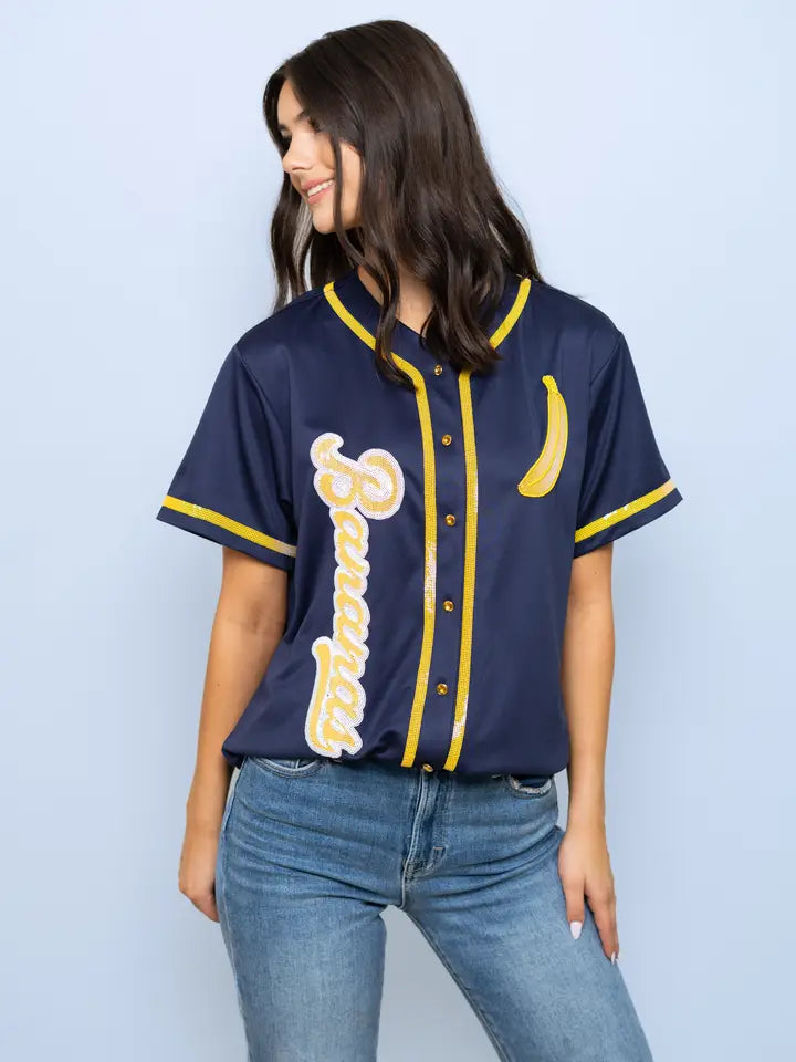Bananas Women's Sequin Baseball Jersey (Navy) - The Season Boutique