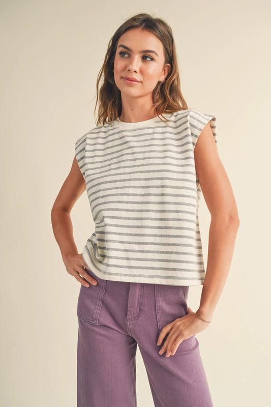 White/Grey Striped Sleeveless Top