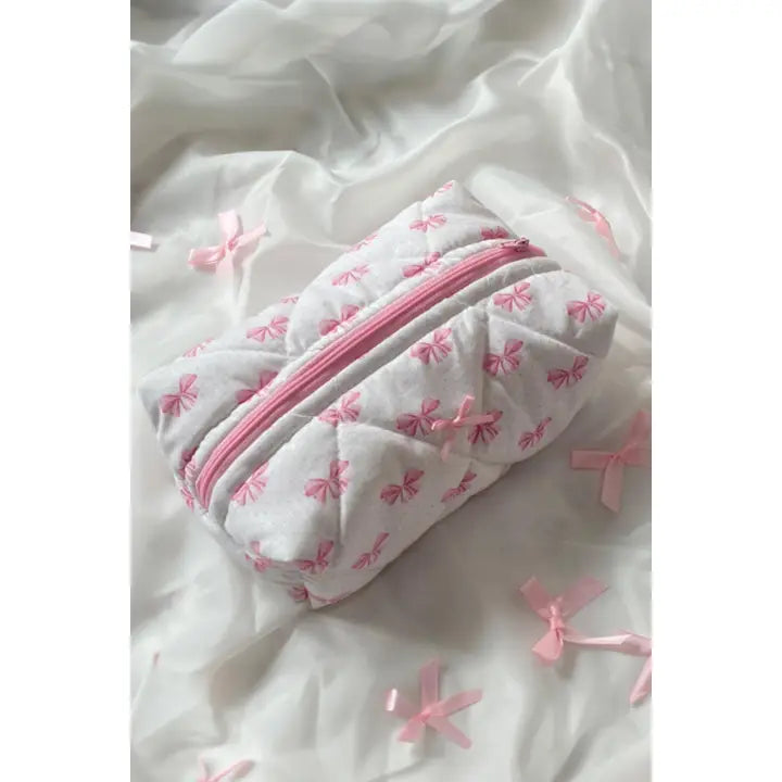 Bow Knot Quilted Zipper Makeup Bag