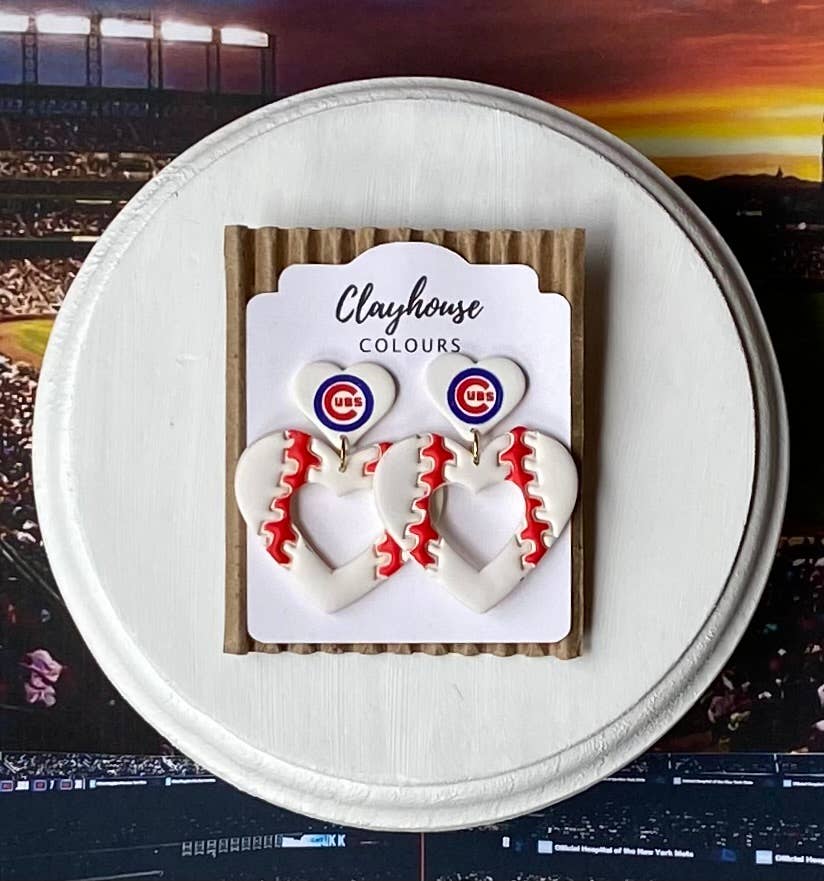 Cubs Baseball Earrings : Triple Heart Dangles