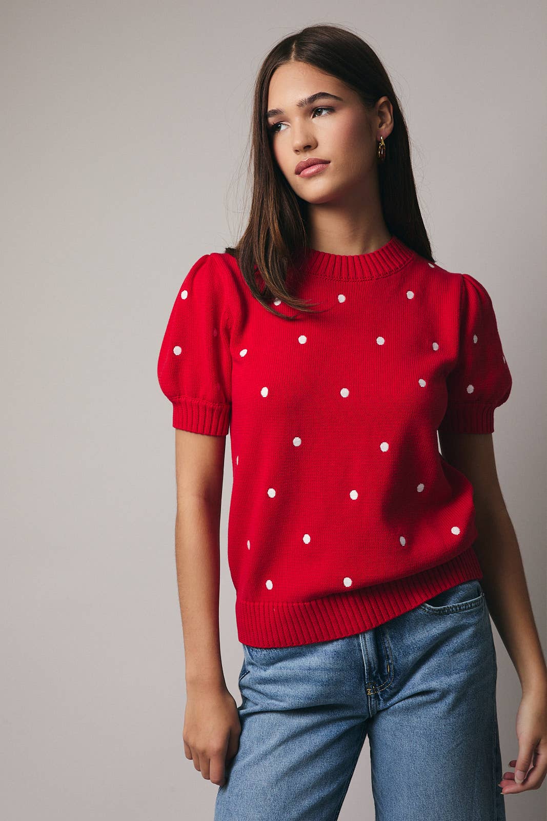 Polka Dot Puff Sleeve Knit Sweater