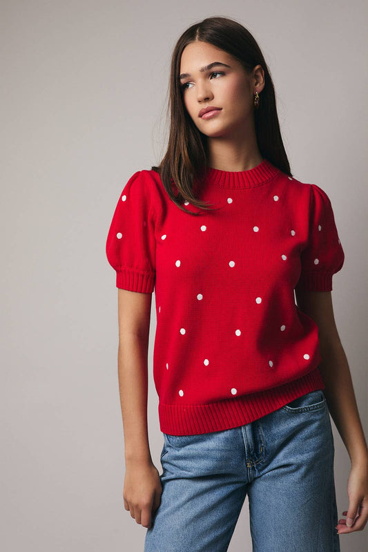 Polka Dot Puff Sleeve Knit Sweater