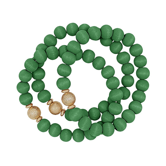 Green Wood Beaded & Gold Bracelets