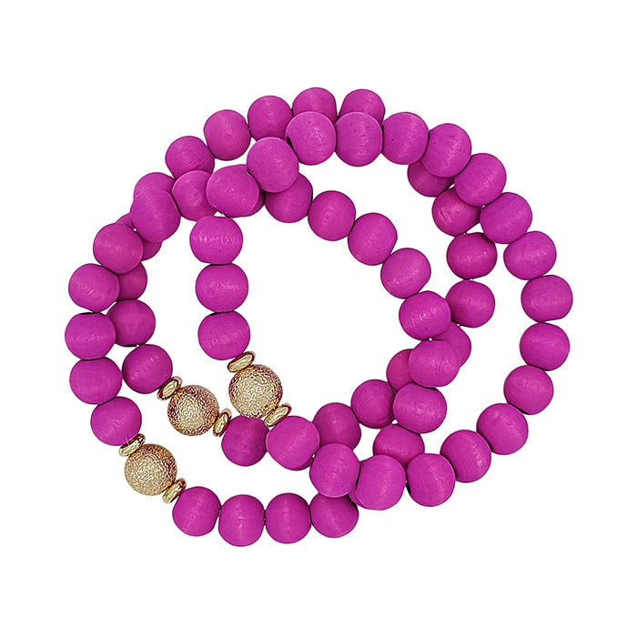 Hot Pink Wood Beaded & Gold Bracelets