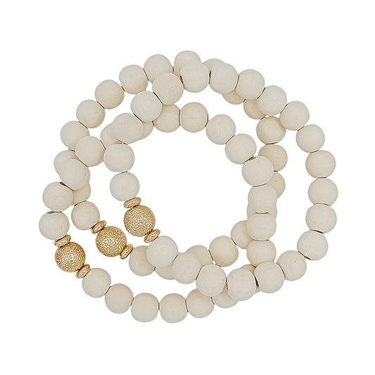 White Wood Beaded & Gold Bracelets