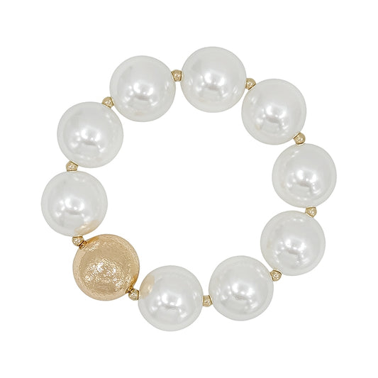 Large Pearl Beaded Stretch Bracelet with Gold Beaded Accent