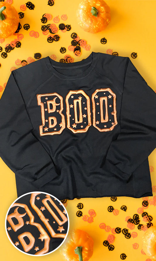 Boo Metallic Puff Long Sleeve Edgy Graphic Shirt