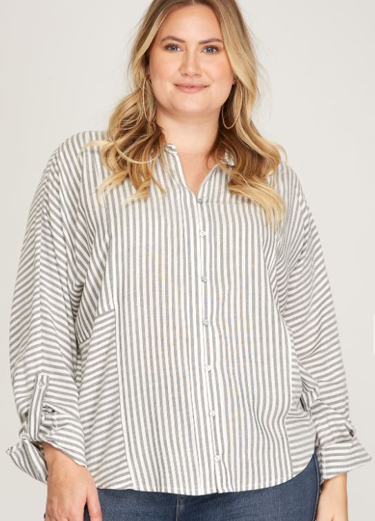 LONG ROLL UP SLEEVE BUTTON DOWN WOVEN STRIPED SHIRT TOP - The Season Boutique