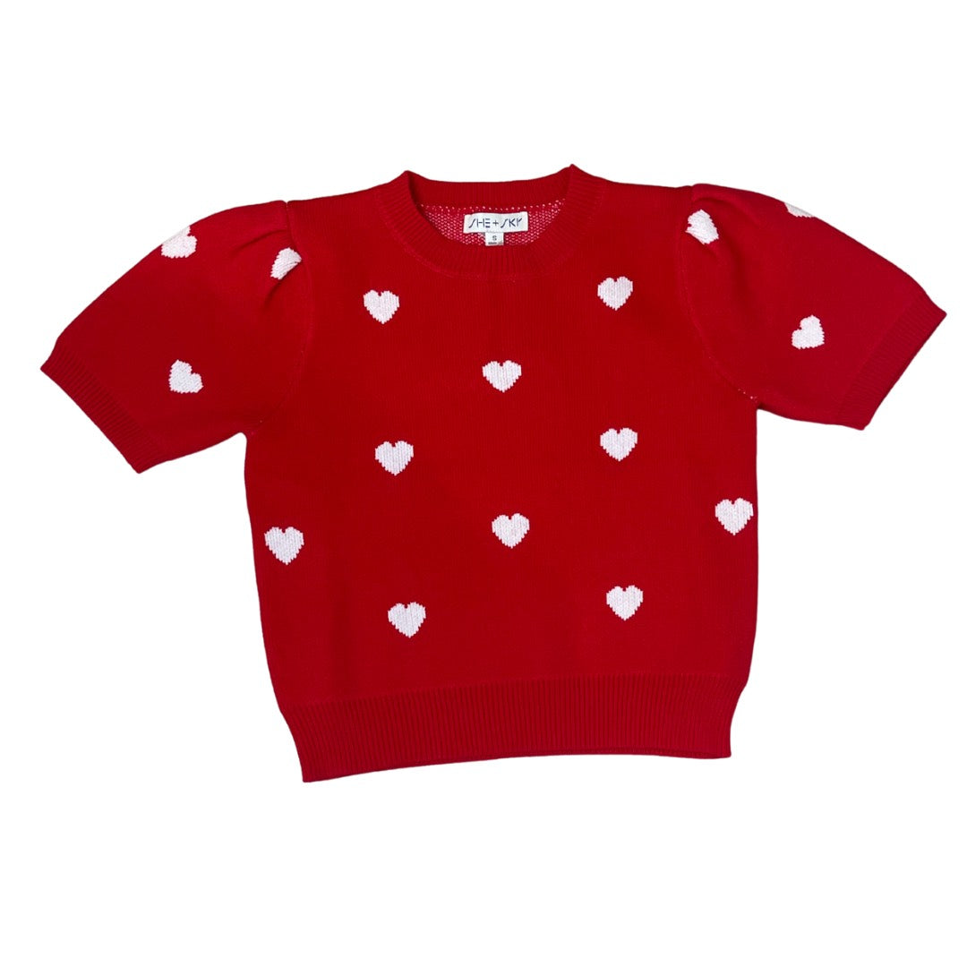 Red Short Puff Sleeve Heart Sweater