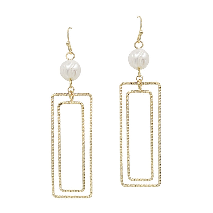 Gold Freshwater Pearl with Open Rectangle Earring